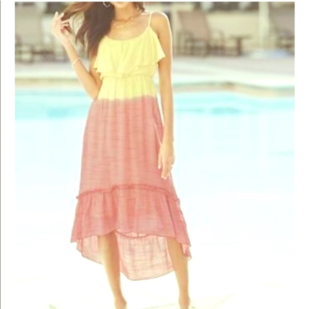 Midnight Velvet high low yellow & coral pink dress